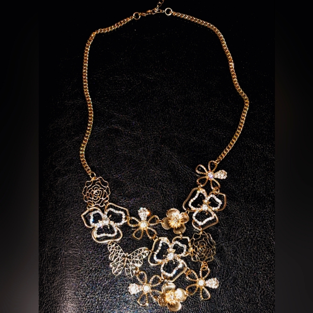 Badgley Mischka Gold Flower Butterfly Statement Necklace